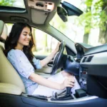 Young woman changing gears in car. Driving a car.